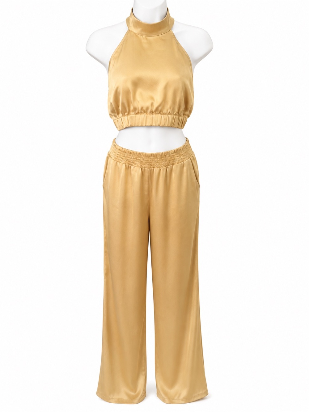 Satin Halter Gold Crop Top - Chic Women's Halter Neck